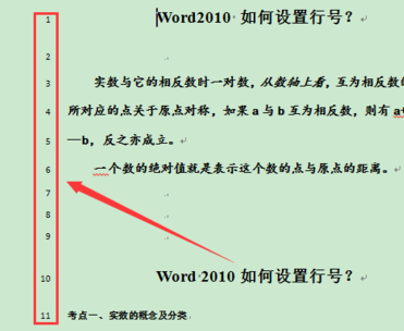 word2010 如何设置行号?