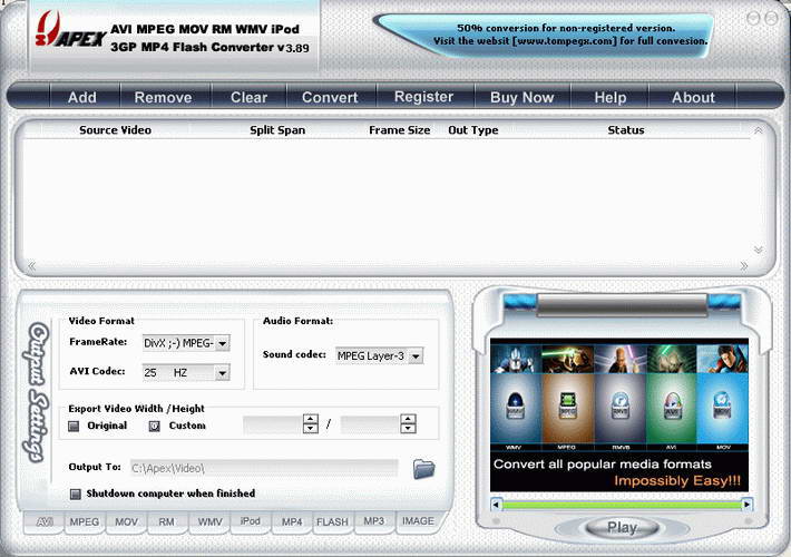 apex MPEG RM WMV iPod 3GP MP4 Flash Converter截图1